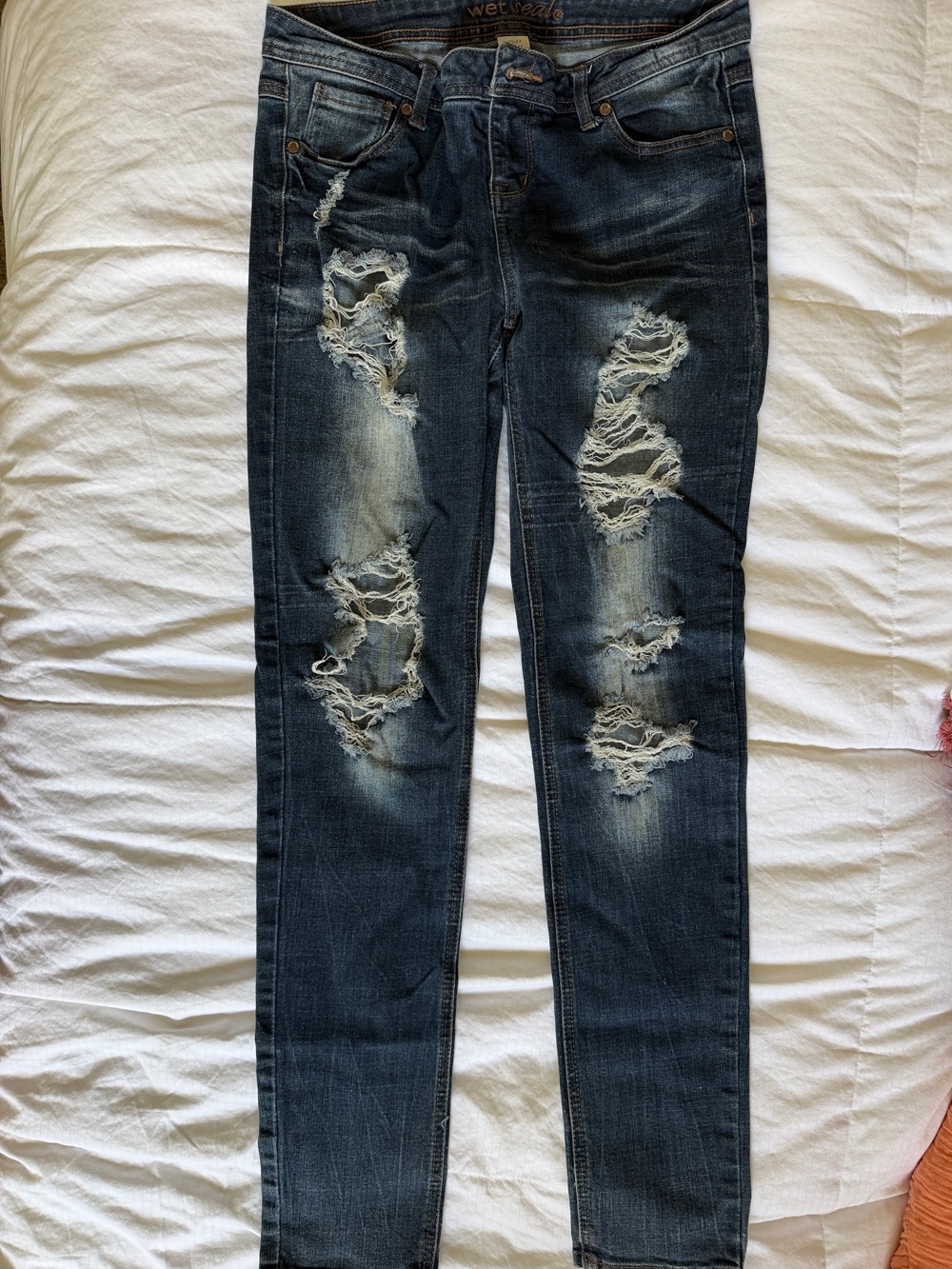 Wet Seal Distressed Dark Blue Skinny Jeans